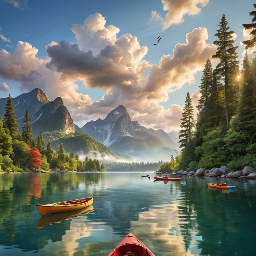 A serene lake scene with various types of boats, showcasing sailboats, motorboats, and a kayak, surrounded by lush trees and mountains in the background. Include an insurance policy document floating gently on the water, symbolizing security and guidance. The sky is bright with fluffy clouds, evoking a sense of adventure. super-realistic. vibrant colors. peaceful atmosphere.