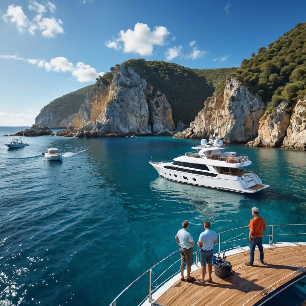 A dynamic scene showcasing a luxurious yacht alongside a rugged fishing boat, both anchored in crystal clear blue waters. In the foreground, a confident marine insurance agent is explaining coverage options to a diverse group of boat owners. The background features a sunny sky and distant coastal scenery, illustrating the diversity of marine activities. super-realistic. vibrant colors. 3D.