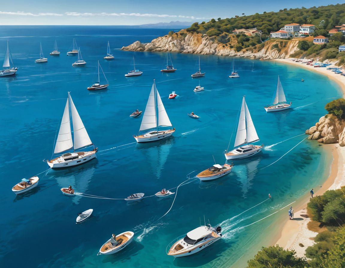 A serene marina scene featuring various types of watercraft including sailboats, yachts, and jet skis, set against a calm blue sea under a bright sky. In the foreground, a diverse group of happy boaters is discussing insurance plans while pointing at a detailed map of their routes. Include a subtle layer of protection icons like shields and life rings floating around the boats to emphasize safety. The overall atmosphere should be warm and inviting, inspiring a sense of adventure and security. super-realistic. vibrant colors. bright background.